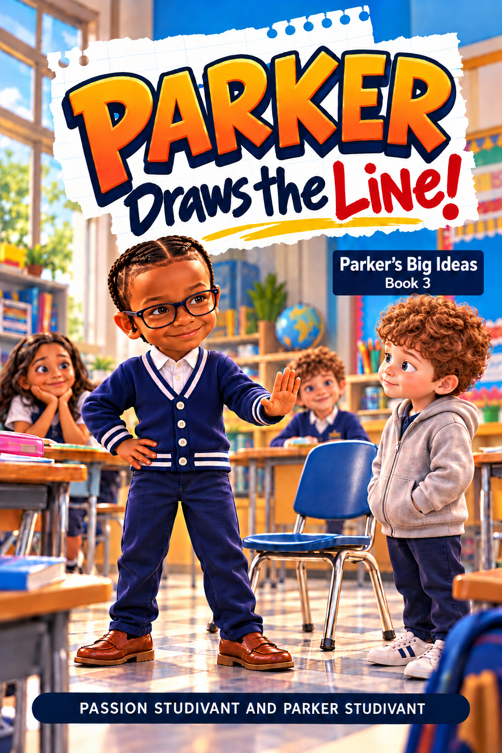 Cover of Parker Draws the Line! showing Parker standing in a classroom with his palm held out in a calm stop, a classmate standing beside him