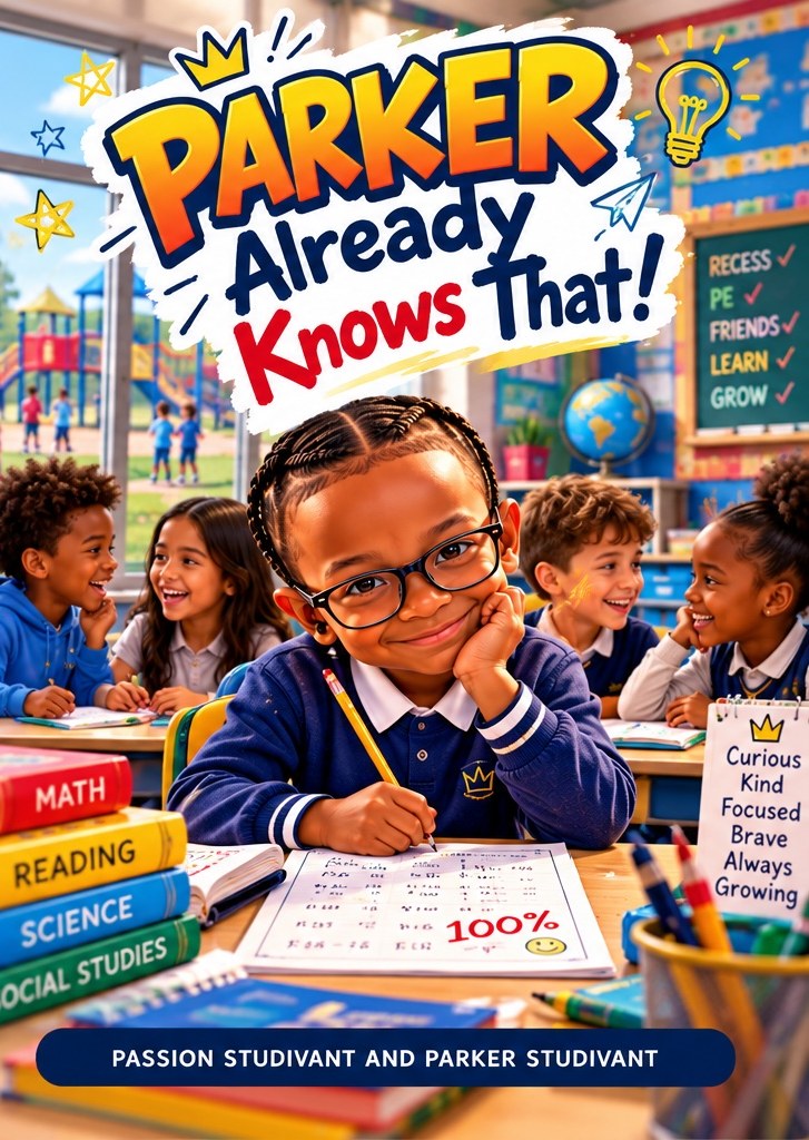 Cover of Parker Already Knows That! showing Parker in glasses resting his chin on his hand at a classroom desk with a 100% paper